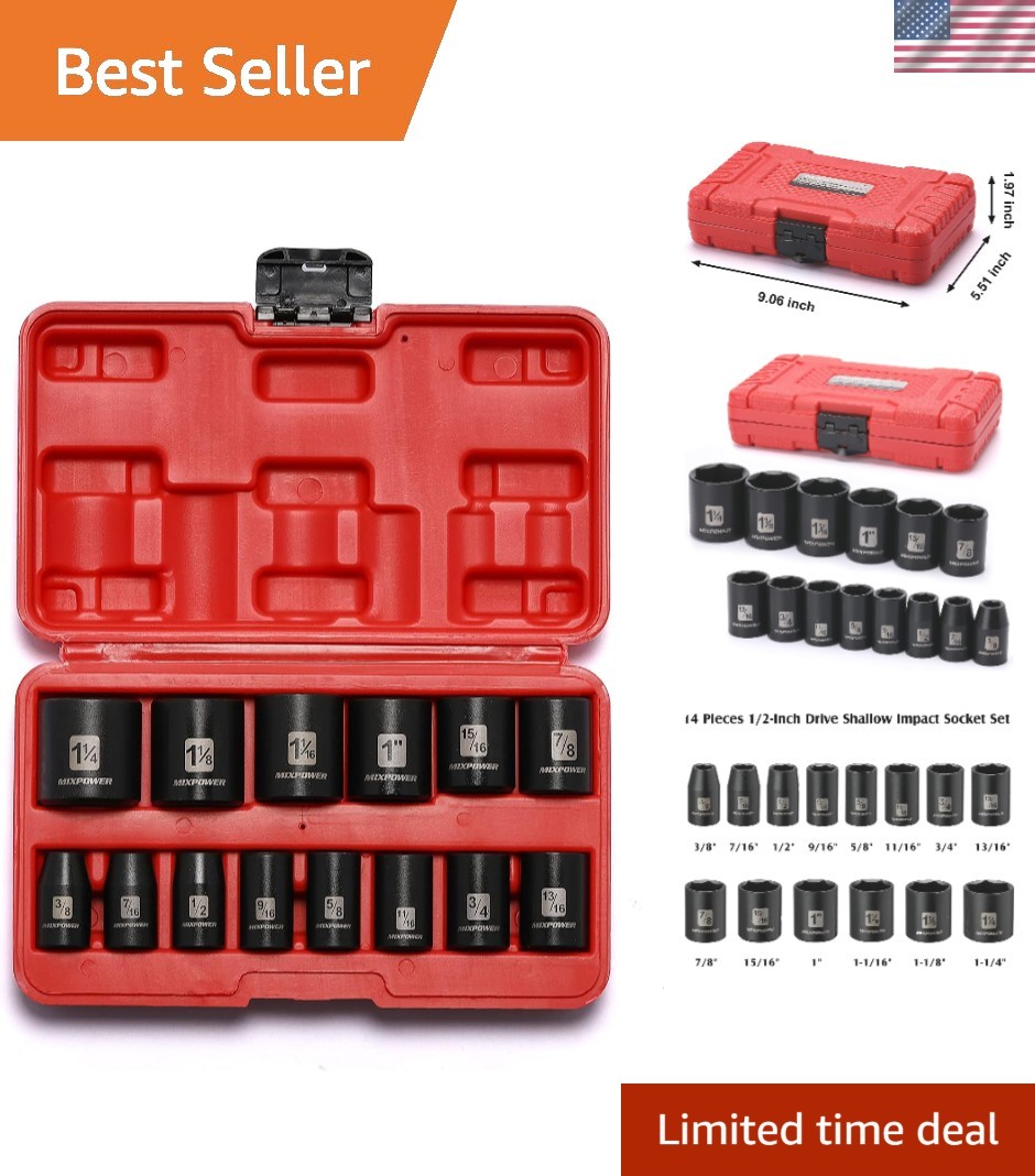 14 Pieces 1/2-Inch Drive Shallow Impact Socket Set, 3/8-Inch to 1-1/4 Inch, C…