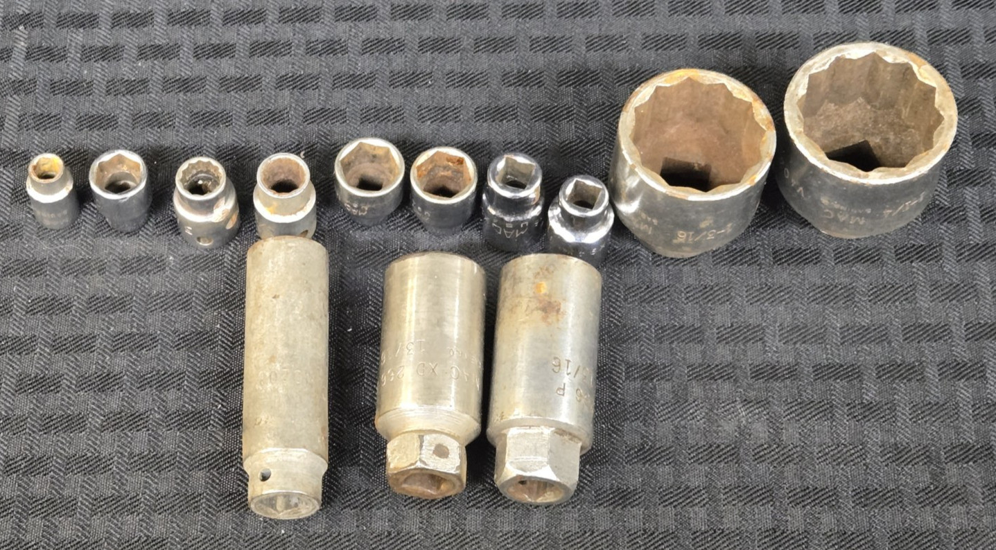 MAC Tools Lot Of 13 Sockets Made In USA, 1/4″, 3/8″ and 1/2″ Drive