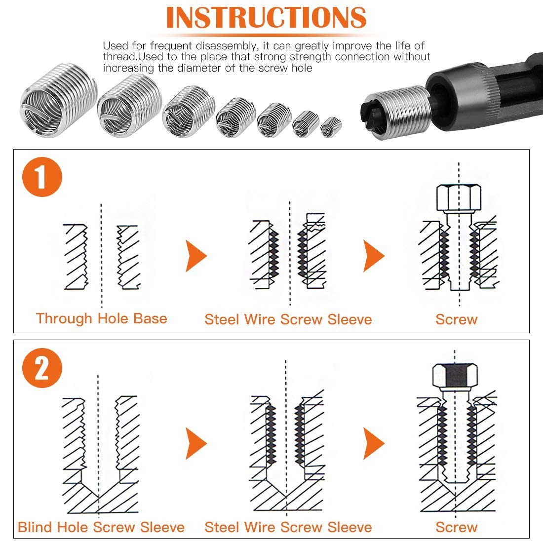 200 Pcs Stainless Steel Thread Inserts Kit M3-M12 Helicoil Screw Repair Set