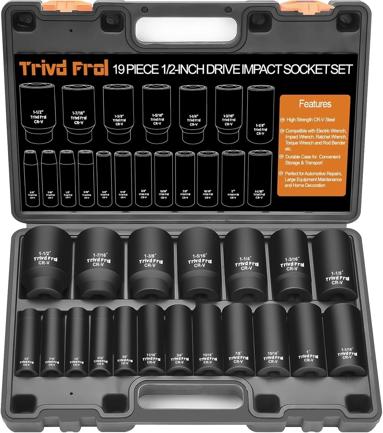 SAE Impact Socket Set – 1/2″ Drive, 19pc Deep Socket Set 3/8″ to 1-1/2″, Cr-V…