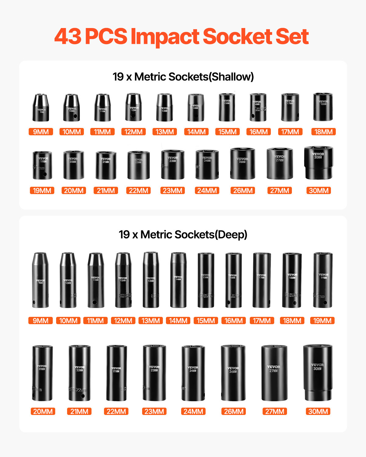 Impact Socket Set 1/2 Inch 43 Pcs Standard+Deep 9 to 30 MM 6-Point Extension Bar