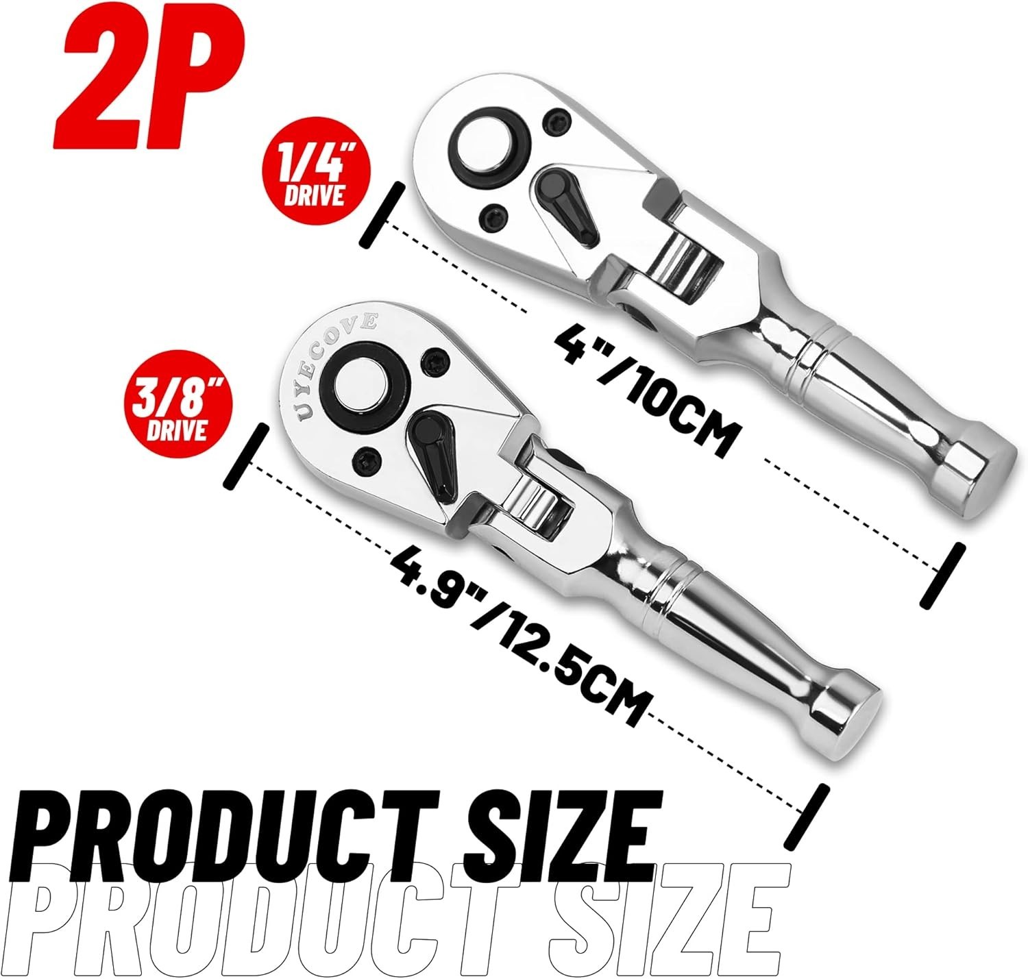 2-Piece 1/4″ & 3/8″ Drive Stubby Ratchet Set – Flexible Head Ergonomic Design