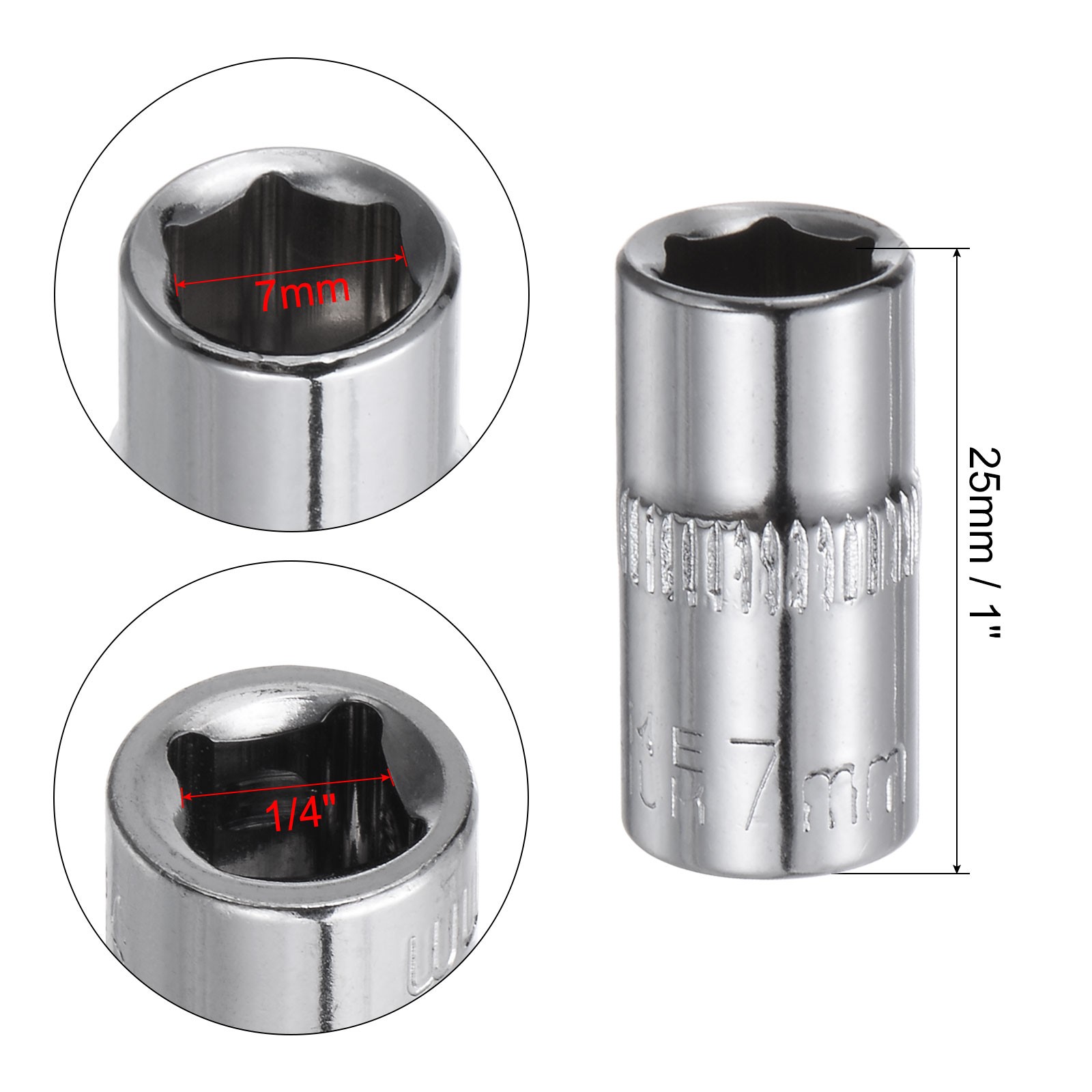4Pcs 1/4-inch Drive 7mm Steel Chrome Plated 6-Point Shallow Socket