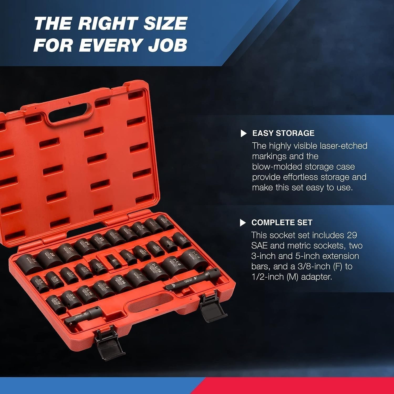 02447A 1/2″ Drive Master Impact Socket Set, 32 Piece Shallow Socket Assortment