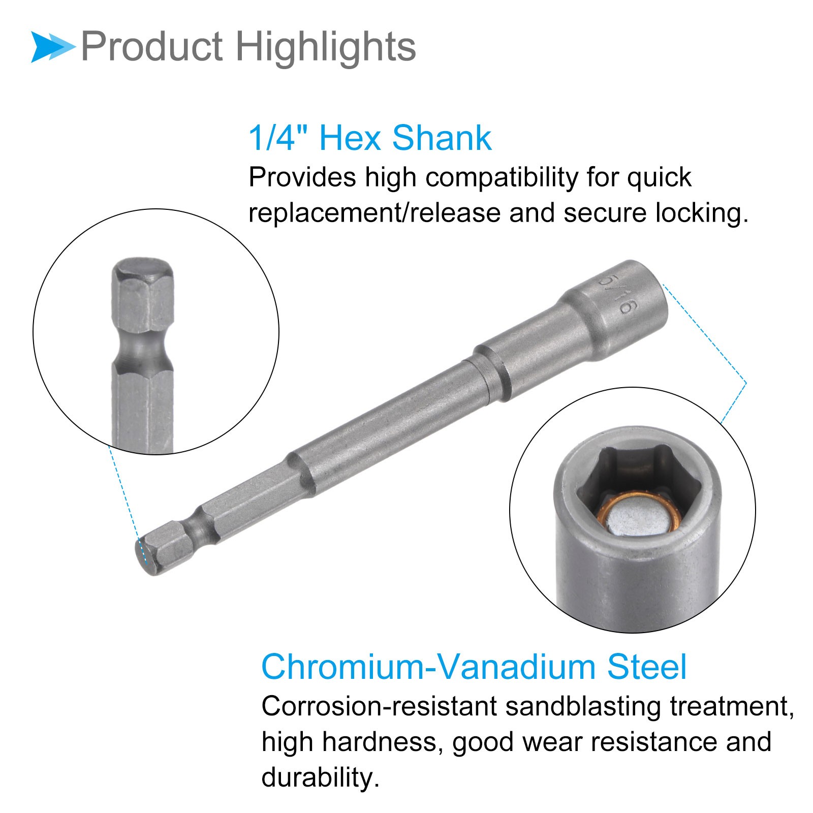 2pcs 1/4″ Hex Quick Change 5/16″ Magnetic Hollow Shaft Nut Setter 100mm Long
