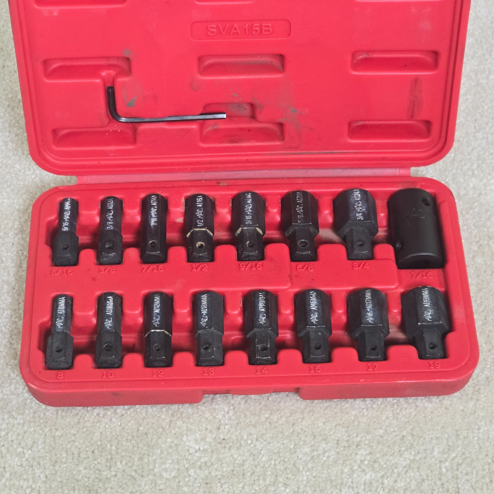Mac Tools 16pc Hex Bit Driver Set Metric SAE SVA15B Case 8mm-19mm
