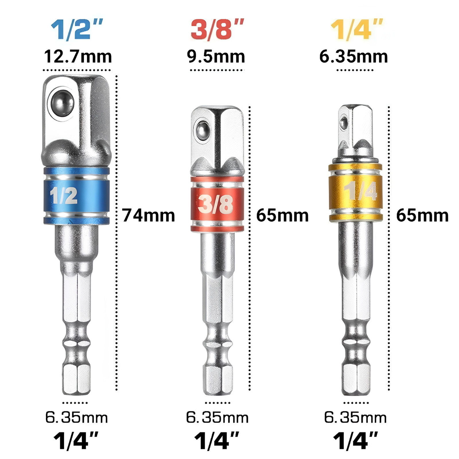 3Pcs Impact Drill Socket Adaptor Hex Drive To 1/4″ 3/8″ 1/2″ Dr Square