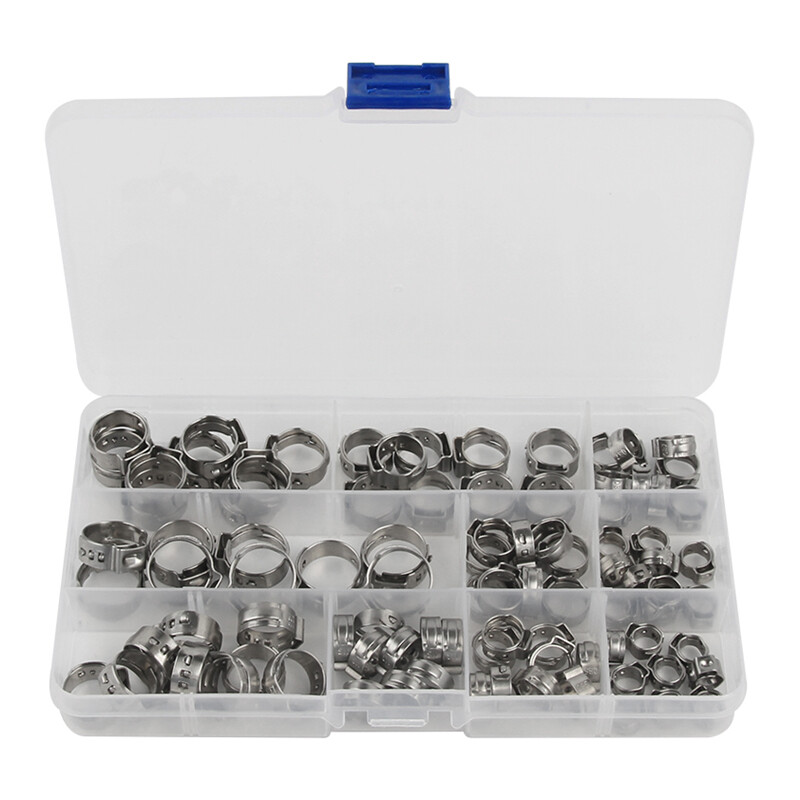 130/100PCS Hose Clamp Assorted Stainless Steel Ear Cinch Rings Crimp Pinch Set