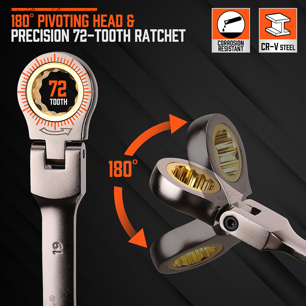 12PCS Ratcheting Wrench Set Flexible Head 8-19mm Metric Spanner Tool Combination