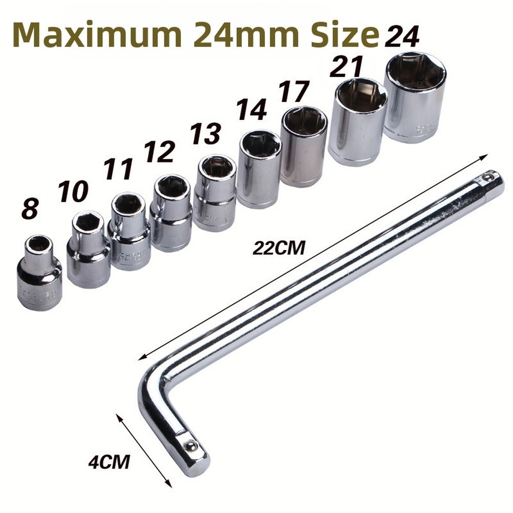 Carbon Steel Socket Set 10PC Metric 8mm 10mm 11mm 12mm 13mm 14mm 17mm 21mm 24mm