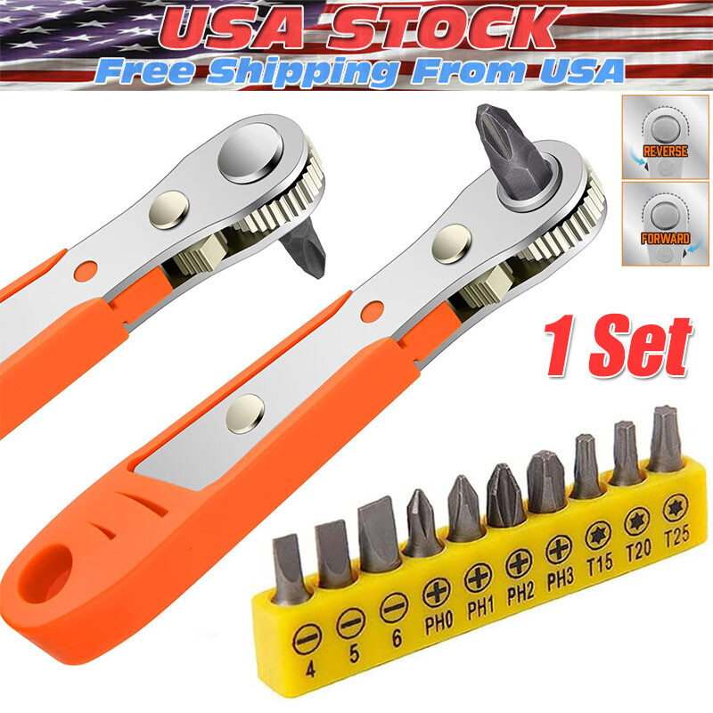 Ratcheting Right Angle Screwdriver Hex Drive 90 Degree Offset + 10pc Bits Set!