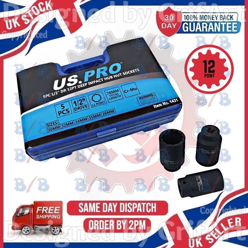US PRO TOOLS 5PC HUB NUT SOCKET SET DEEP IMPACT SOCKET 12 POINT 1/2″ INCH DRIVE