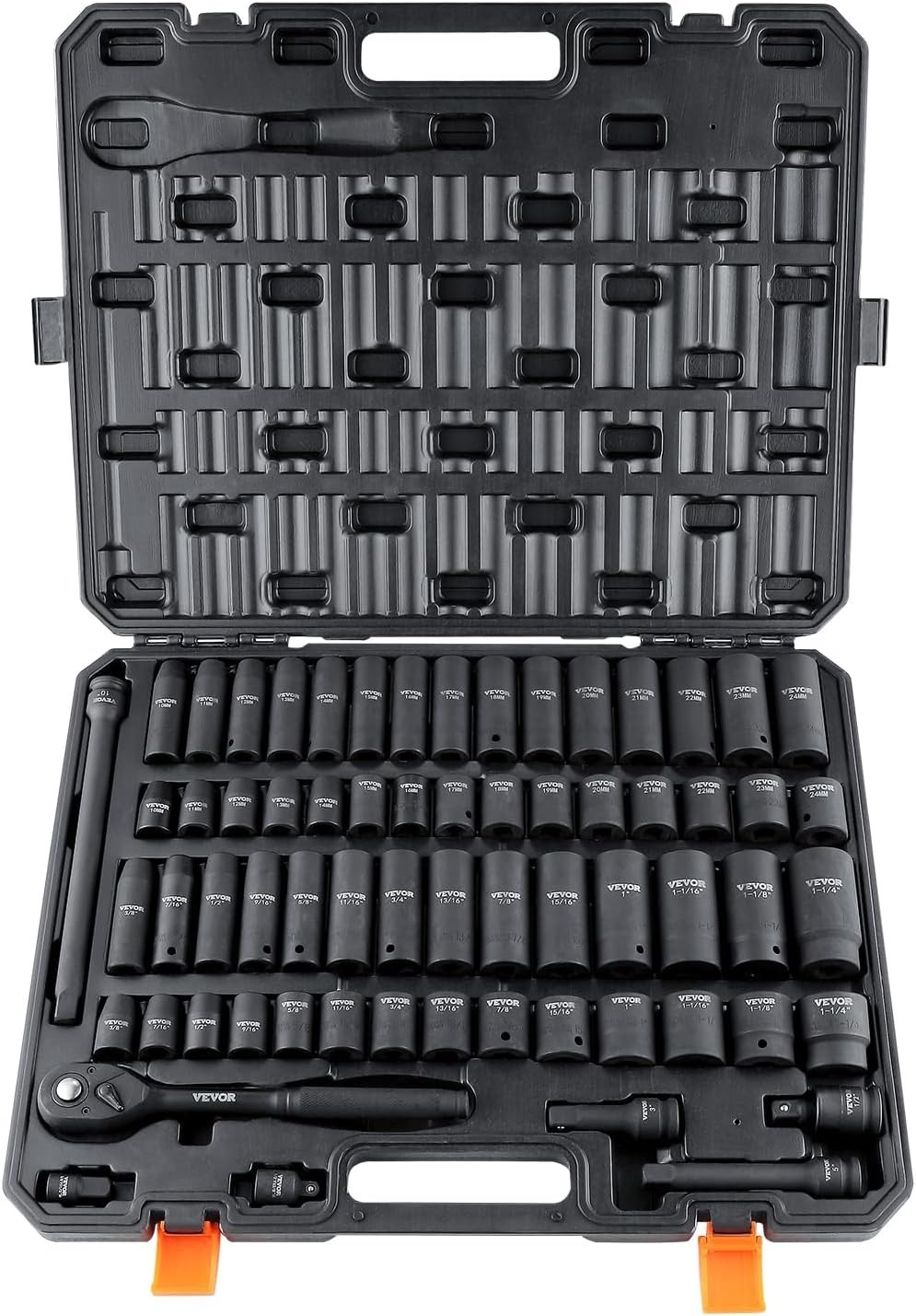 65-Piece Impact Socket Set 1/2in Cr-V Alloy Steel SAE & Metric with Storage Case