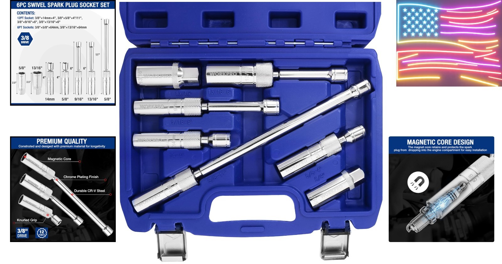 7-PC Magnetic Swivel Spark Plug Socket Set – Includes 9/16in & 5/8in