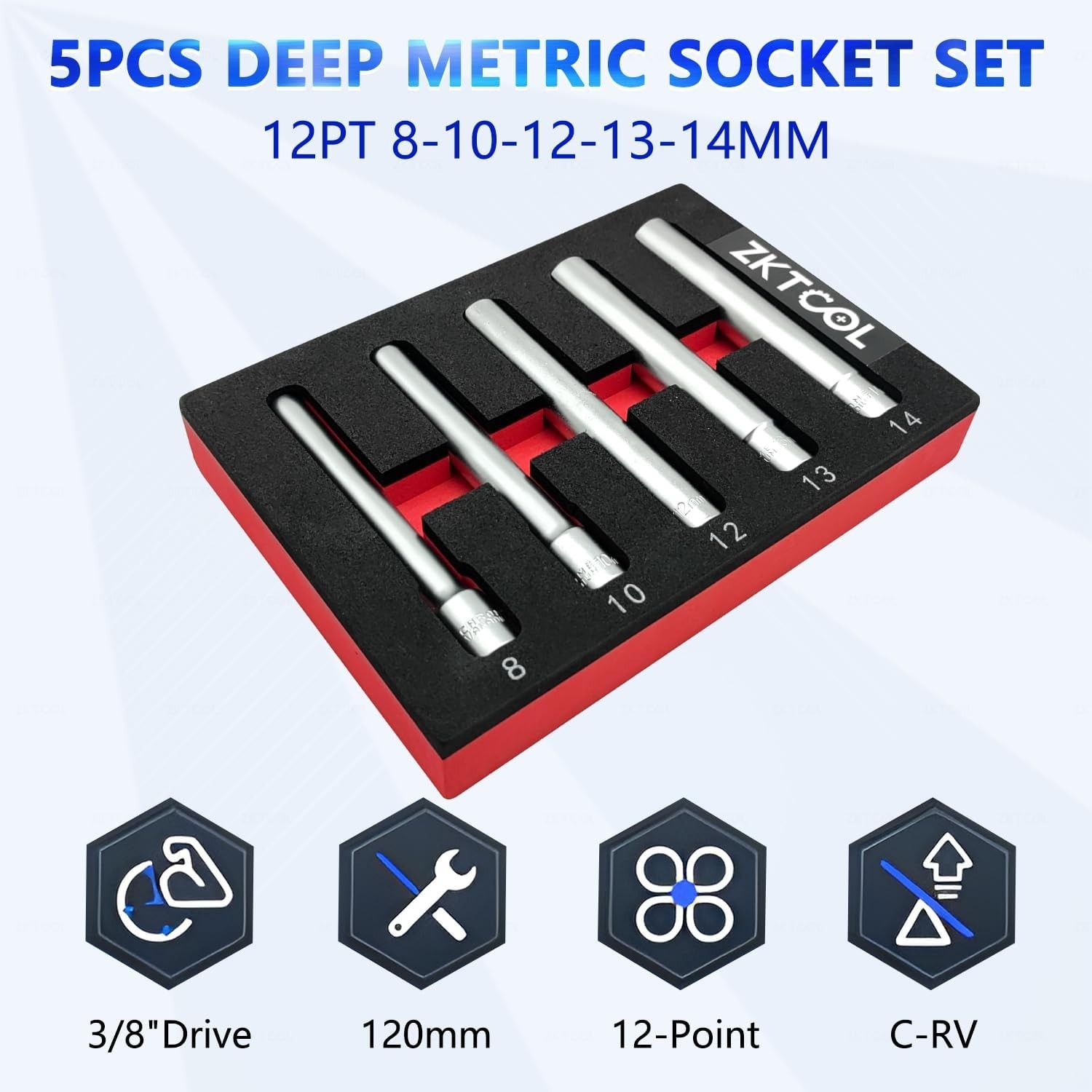 5PC Deep Metric Socket Set 3/8-Inch Drive Alloy Steel 8-14mm Extra Long 120mm