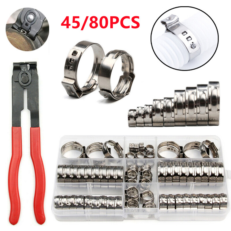 80X Assorted Hose Clamp Stainless Steel Ear Cinch Rings Crimp Pinch Set Pliers