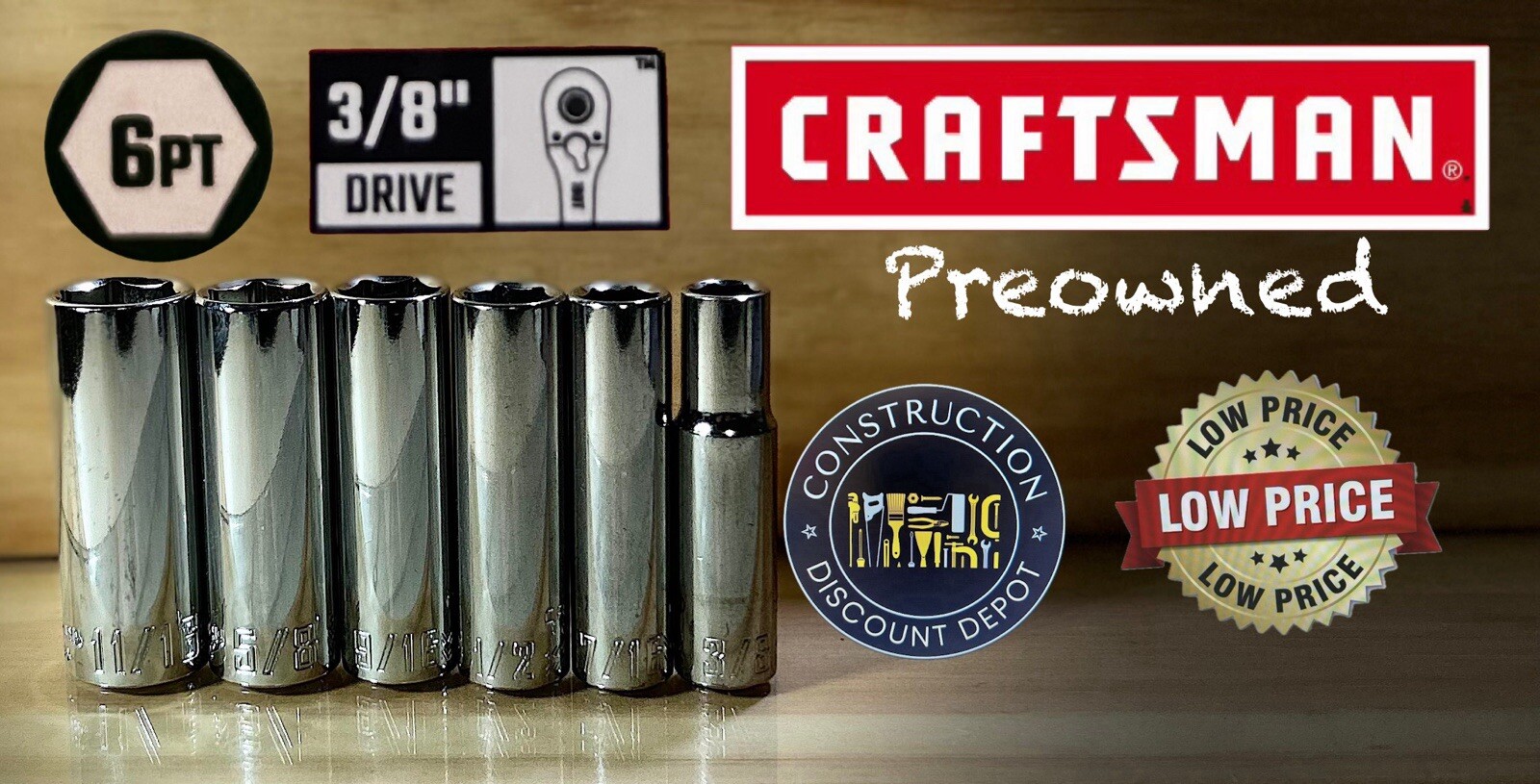 Preowned Craftsman 6 PC 3/8″ Drive 6 Point SAE Socket Deep Set