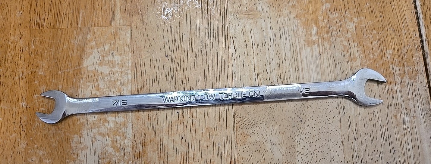 Snap On 7/16″-1/2″ Chrome Low Torque Slime Line Open End Wrench LTA1416