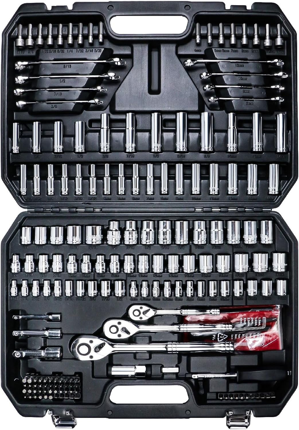 Mechanics Tool Set, 1/4 In, 3/8 in and 1/2 in Drive Socket Set, 202 Piece