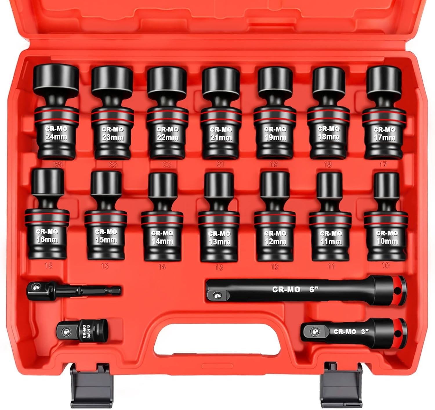 18PCS 1/2″ Drive Impact Swivel Socket Set Metric 6 Point Wobble 10-24mm CR-MO