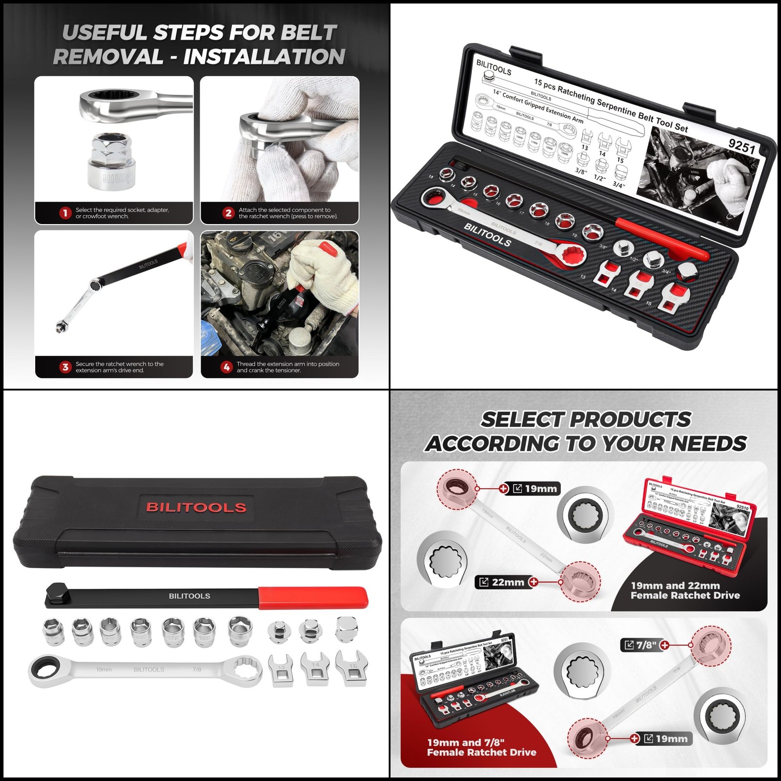 15Pcs Serpentine Belt Tool Set Tensioner Kit Ratchet Wrench Adapters