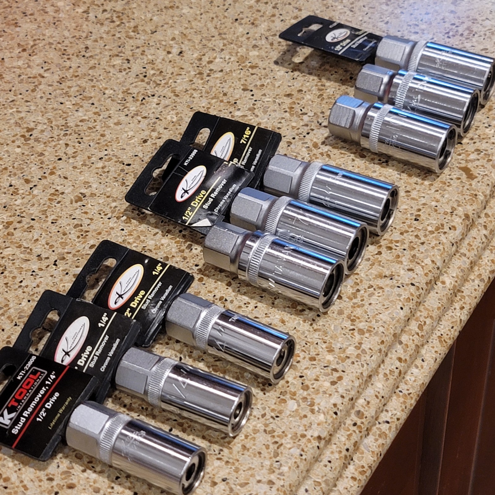 K TOOL STUD REMOVER SOCKETS RANDOM SIZES 1/2″ DRIVE 1/4″, 7/16″, 10mm, 12mm NOS