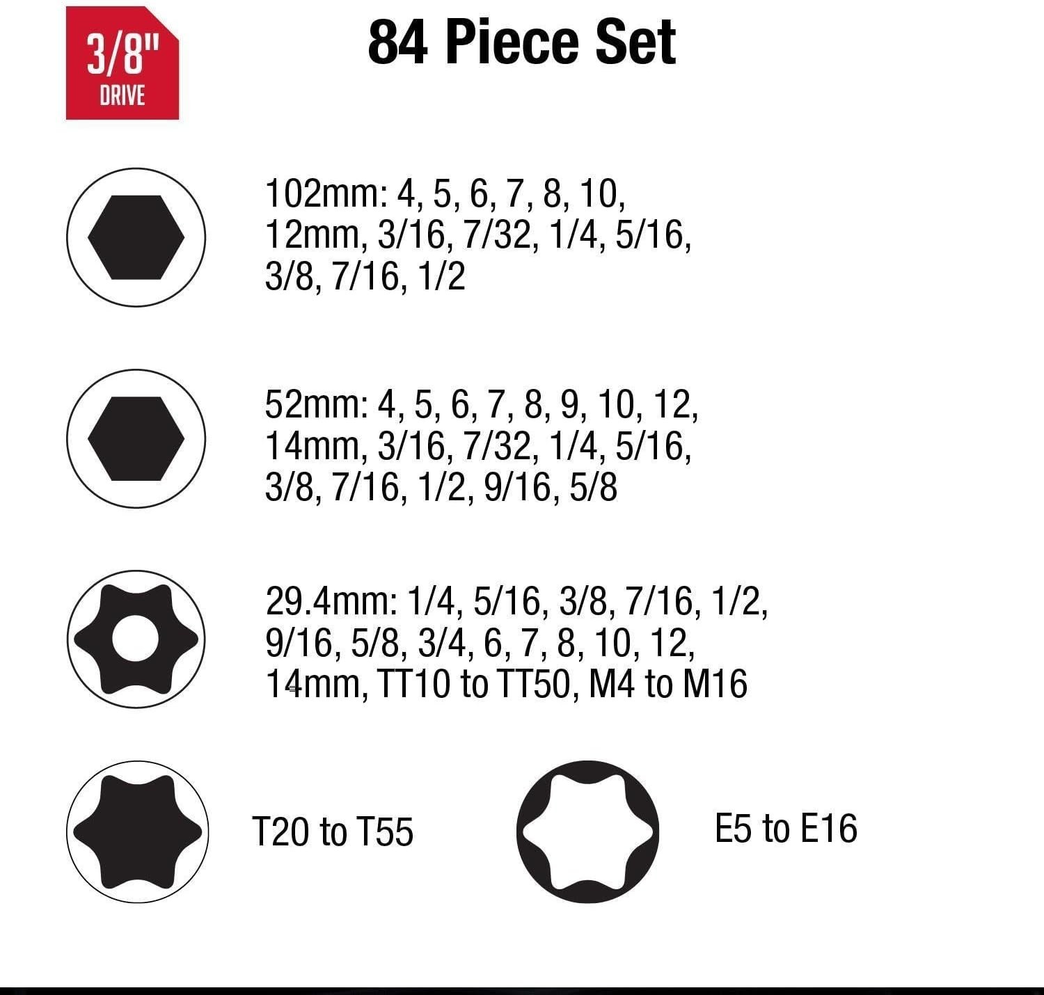 Sunex 3569 3/8″ Dr. Master Hex Bit Impact Socket Set 84 Piece
