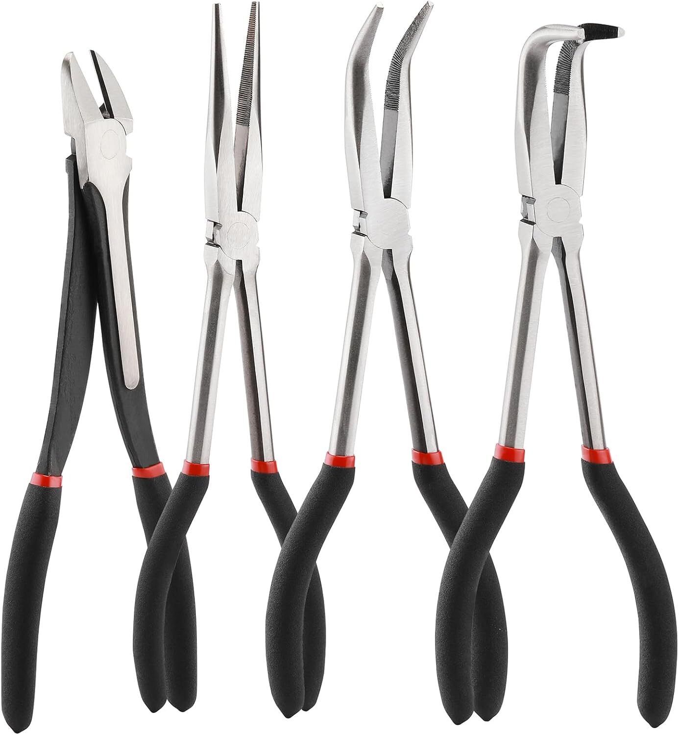 4PCS Long Reach Pliers Set-11″ Needle Nose 45 & 90 Bent Nose Diagonal Pliers