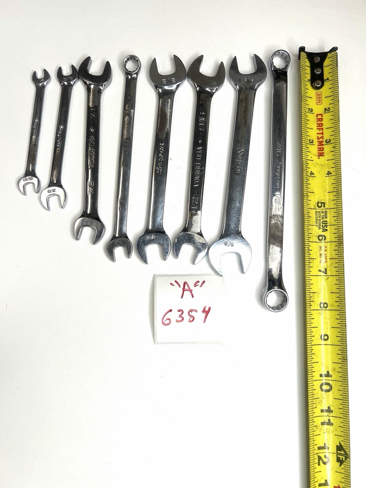 Snap-on SAE Open End Wrench Lot 1/4 5/16 3/8 7/16 1/2 9/16 5/8 A-6354