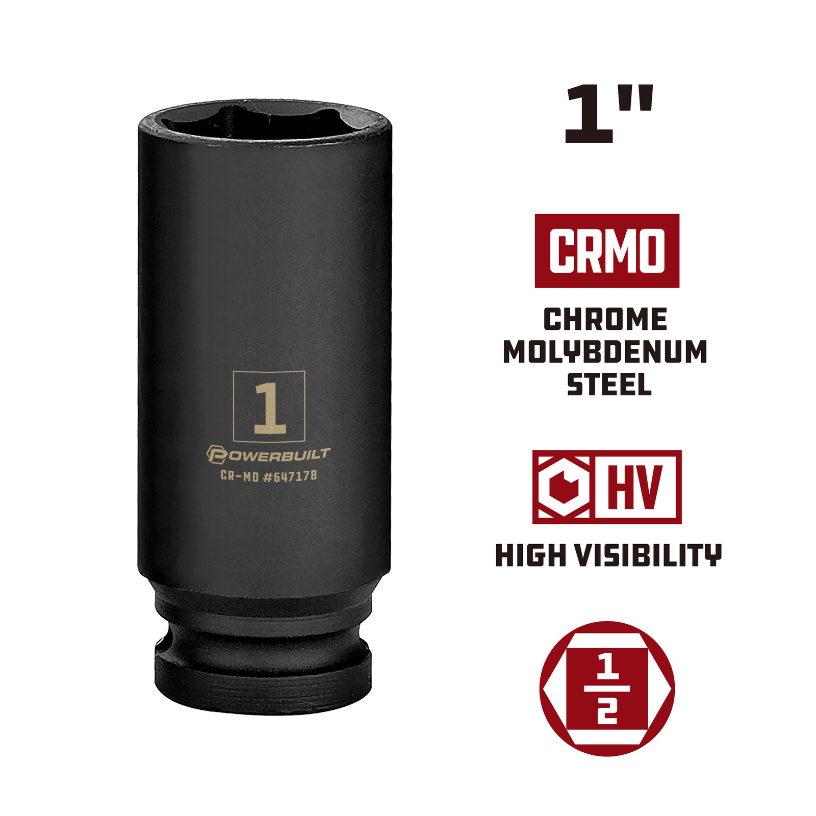 Powerbuilt 1/2 Inch Drive x 1 Inch 6 Point Deep Impact Socket – 647178