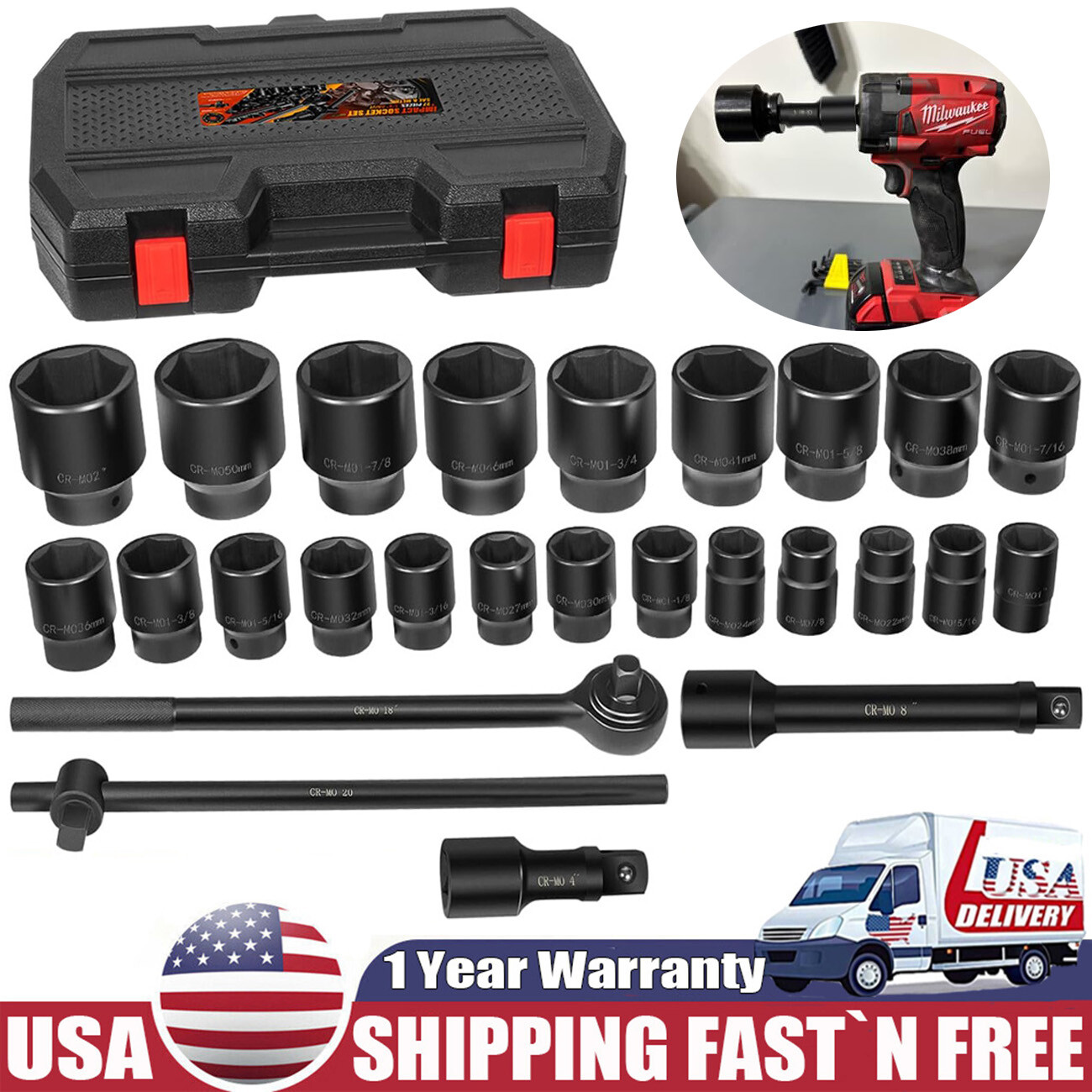 3/4-Inch-Drive Jumbo Master Impact Socket Set Standard SAE 7/8″ to 2″ 27 pieces