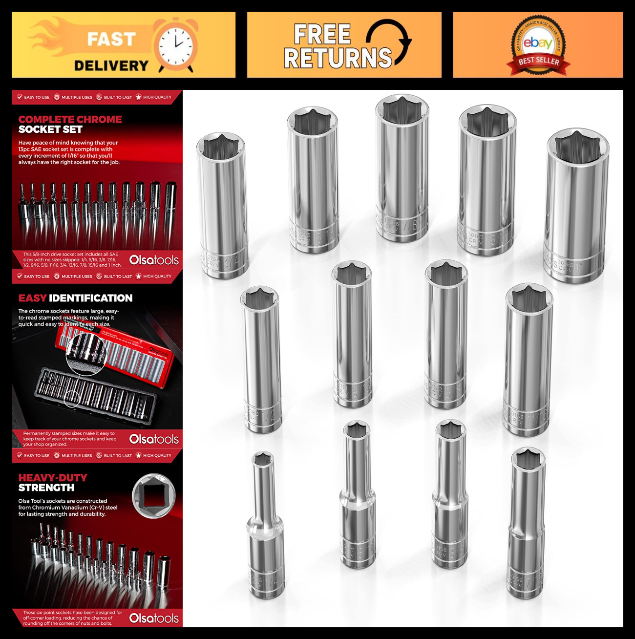 13pc SAE Deep Socket Set – 3/8″ Drive, 6-Point Chrome Sockets, No Skipped Sizes,