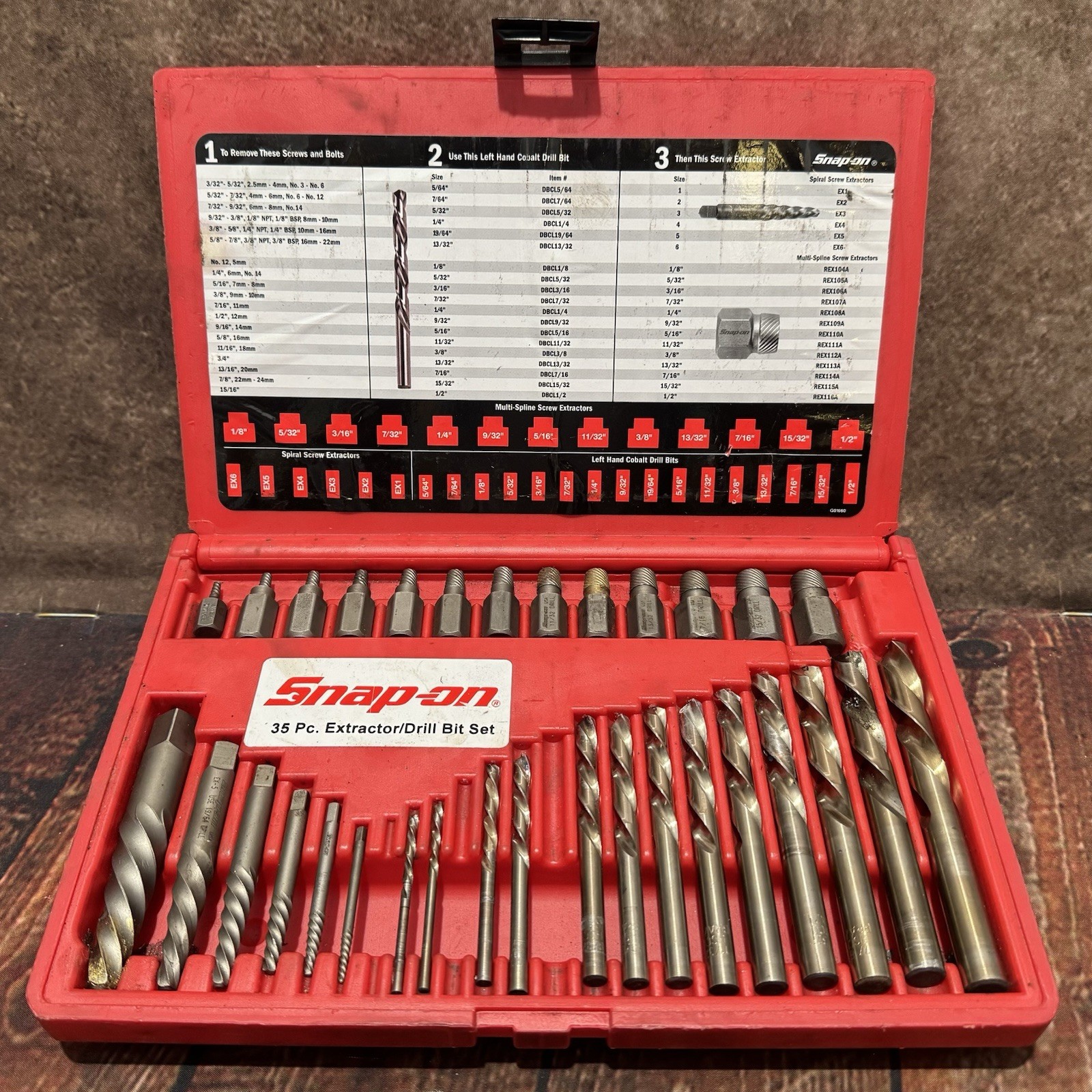 Snap-on EXD35A Multi-Spline Spiral Flute Extractor SET Left Hand Drill Bits READ