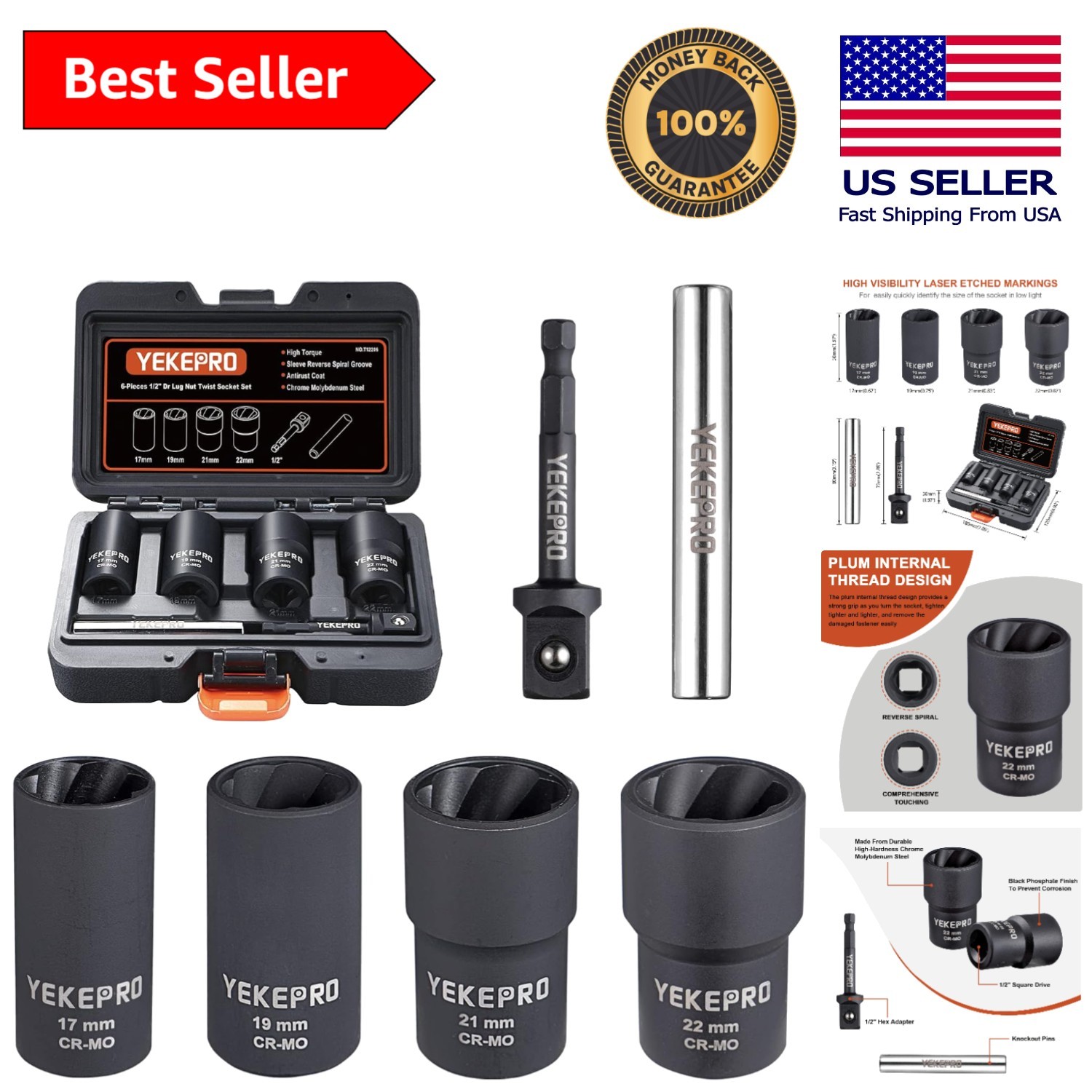 Professional 6 PCS 1/2″ Drive Lug Nut Extractor Set – 17,19,21,22MM Sockets