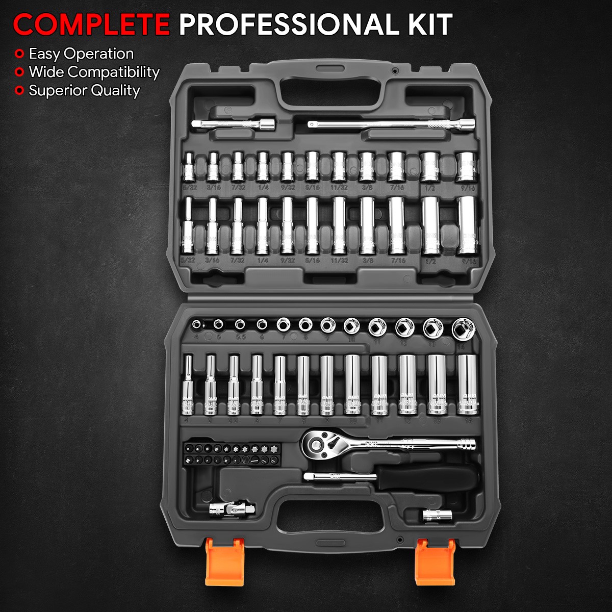 72Pcs 1/4″ Drive Socket Tool Set SAE Metric w/Ratchet & Adapter & Extension Bars