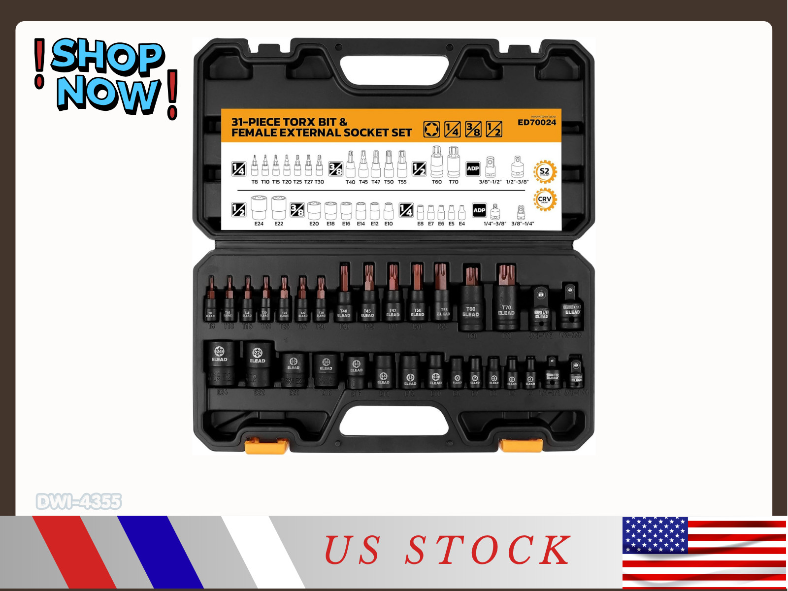 31Pc Torx Bit Socket Set T8-T70 E4-E24 CR-V S2 Steel Auto Repair Tool