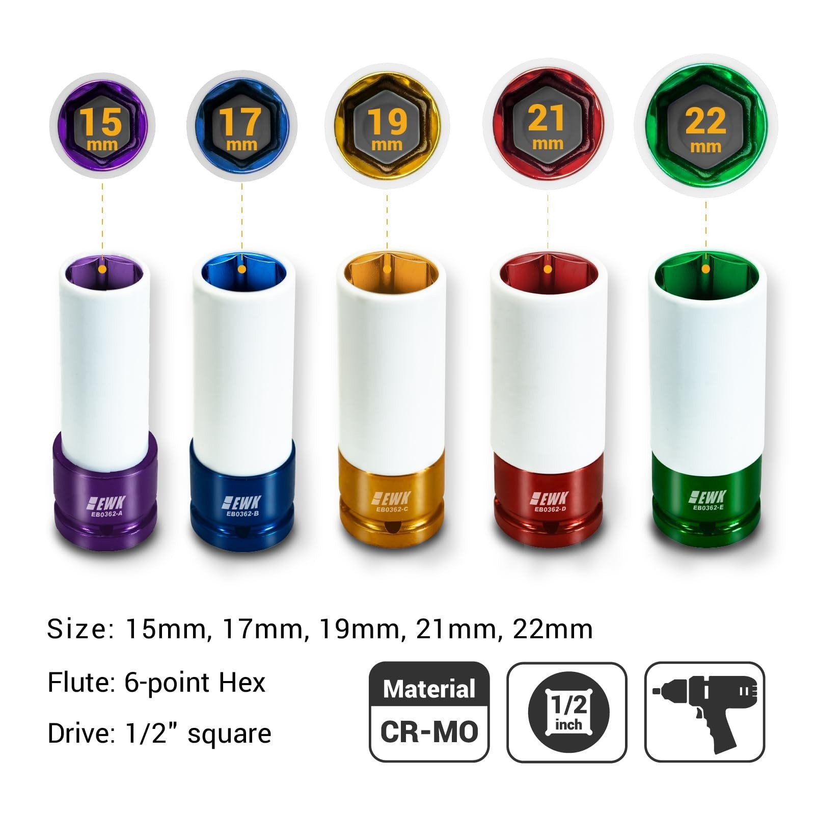 5-Piece Non-Marring Lug Nut Socket Set 15mm 17mm 19mm 21mm 22mm Thin Wall for Al