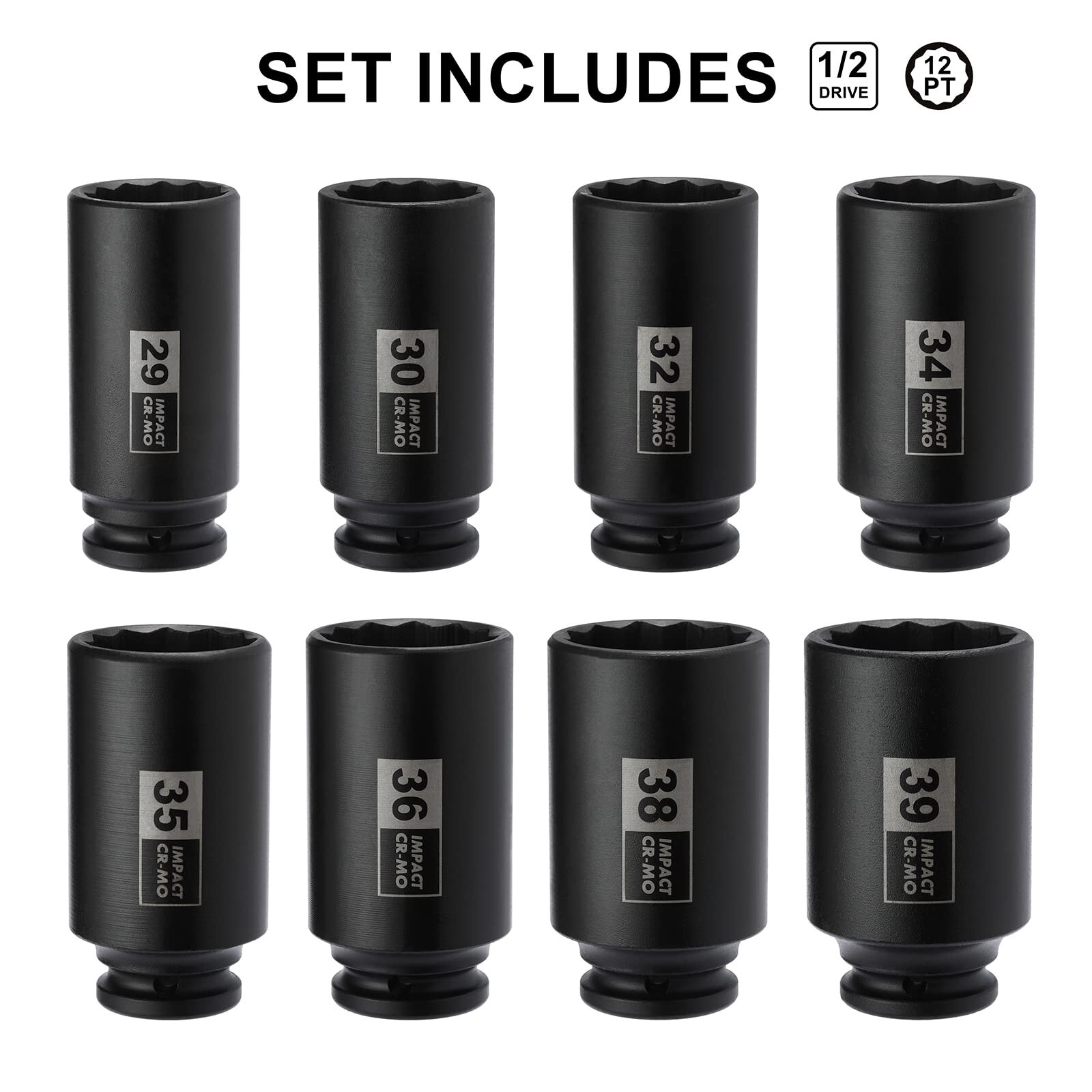Mayouko 8PCS 1/2″ Deep Axle Nut Impact Socket Set, CR-MO, 12 Point Design, Me…
