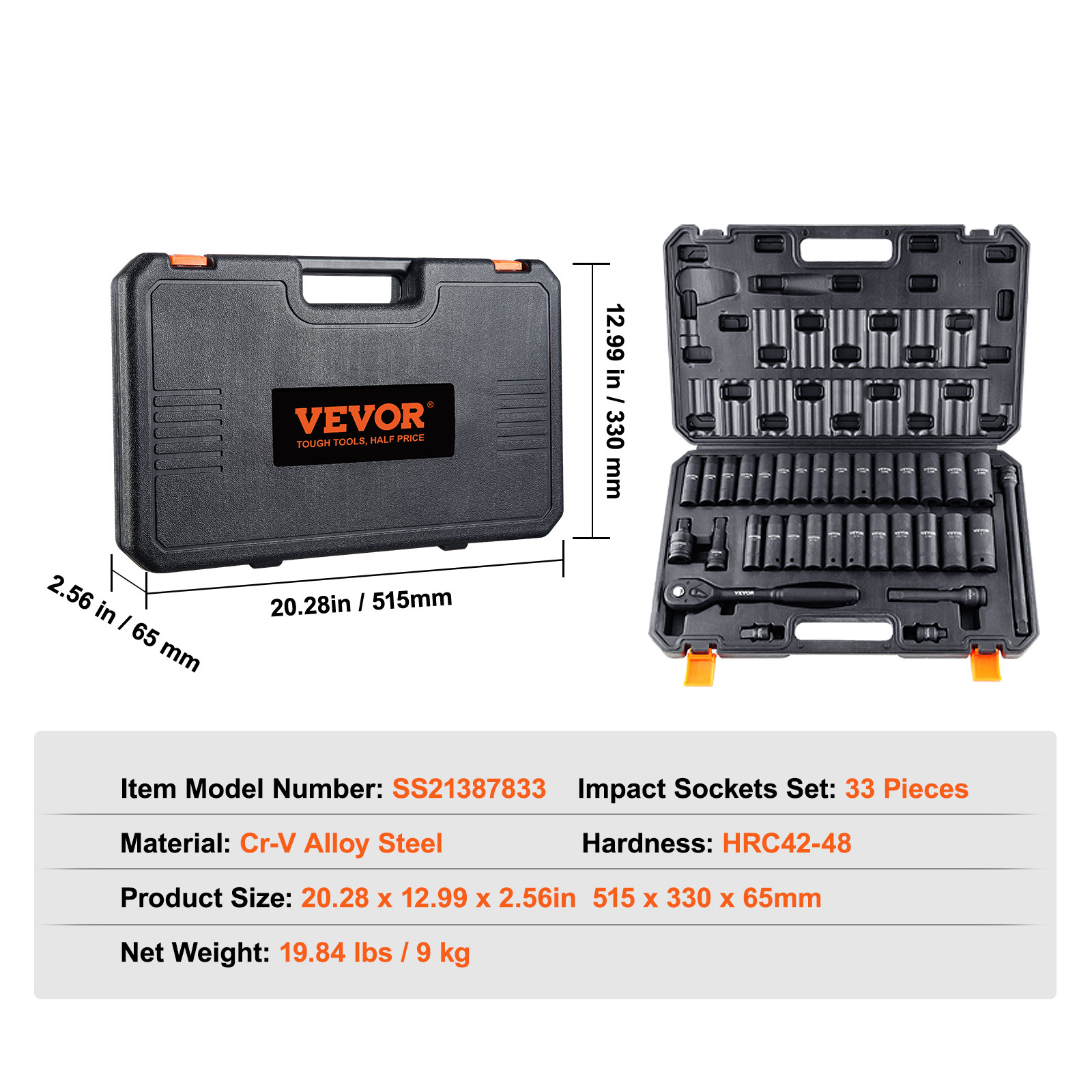 VEVOR Impact Sockets Set 33pcs 6-Point 1/2in Drive Bit Ratchet Tool Kit Case