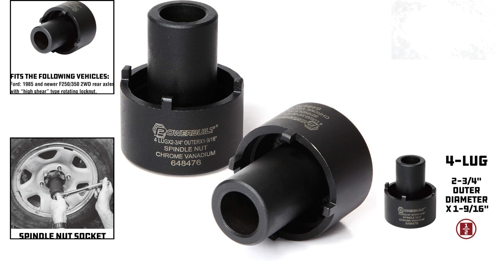 Spindle Nut Socket 4 Lugs Ford 2-3/4 inch Outer 1/2 inch Drive