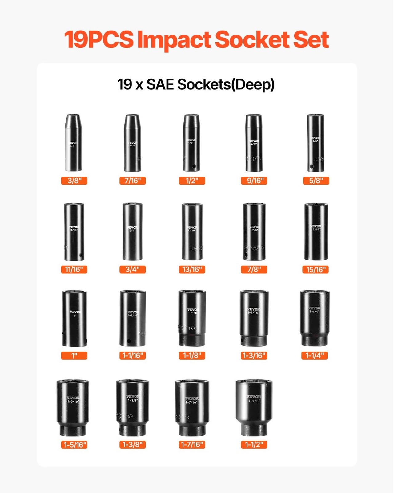 VEVOR Impact Socket Set 1/2 Inches 19 Piece, Deep Socket, 6-Point Sockets, Ru…