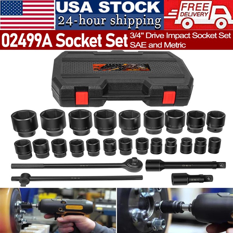 3/4″ Drive Deep Impact Socket Set 27Pcs SAE 7/8″-2″ Metric 22-50 MM Standard Kit