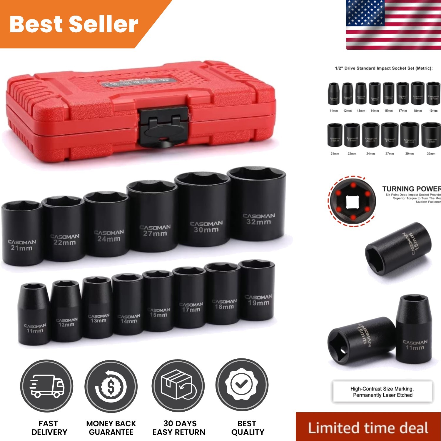 Professional Quality 14-Piece Shallow Impact Socket Set with Laser Etshed Sizes