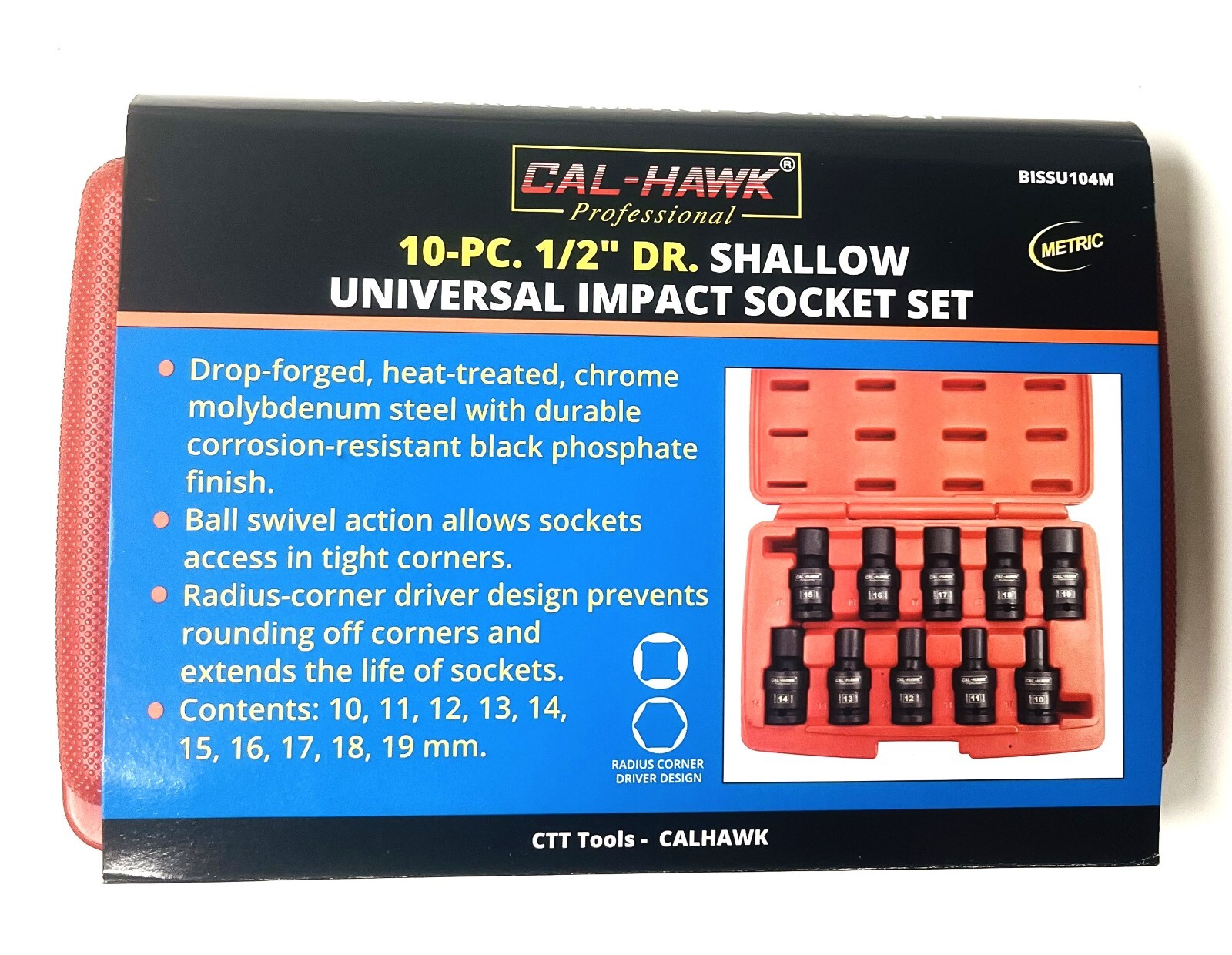 10pc 1/2″ Dr Shallow Swivel Universal Impact SKT Set CR-MO, MM Taiwan, BISSU104M