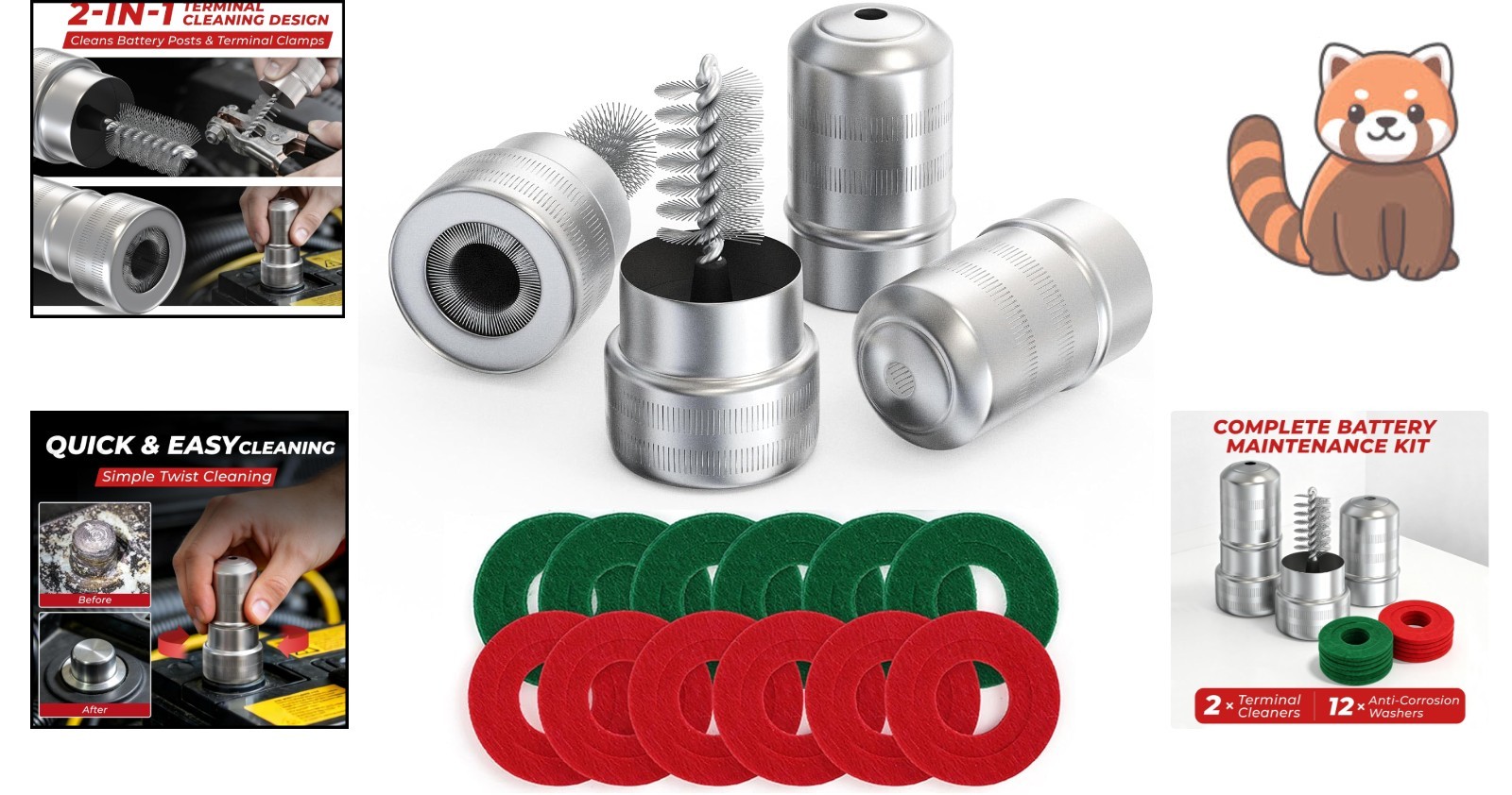 Battery Terminal Cleaner Set: 2 Brushes & 12 Color-Coded Anti-Corrosion Washers
