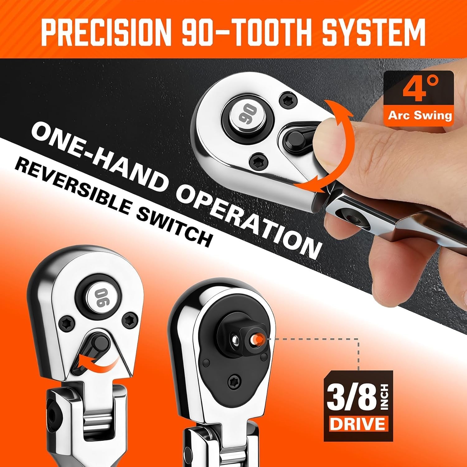 3/8″ Drive 90-Tooth Flex Head Ratchet Handle, 180° Adjustable CR-V Ratchet wi…