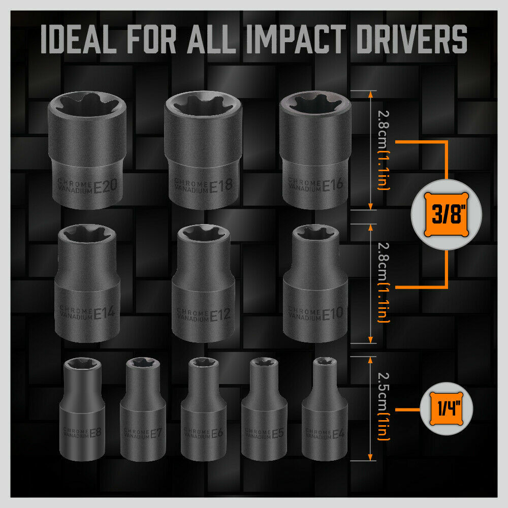 11PC Female E-TORX Star Socket Set External E4-E20 Torque 3/8″ 1/4″ Dr. & Rail
