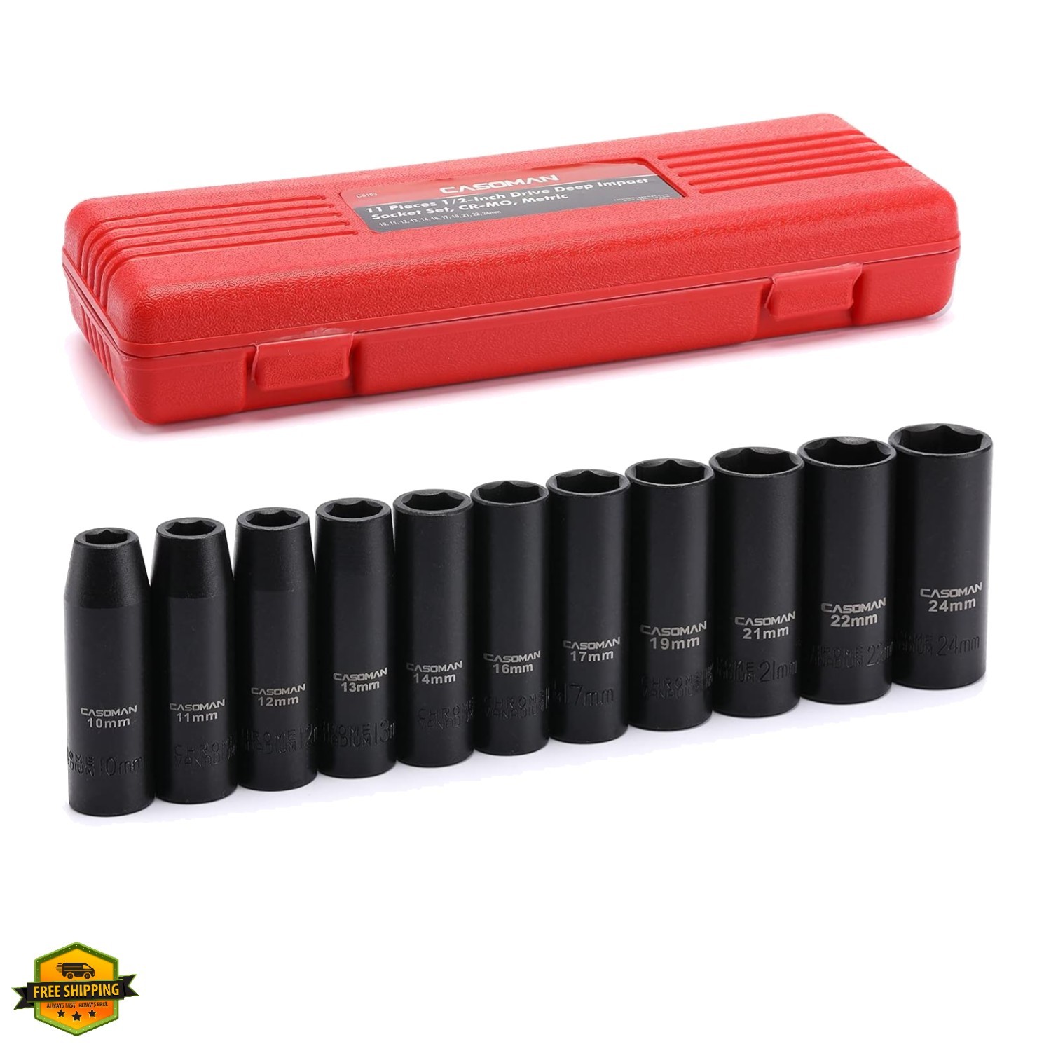 11 Pieces 1/2-Inch Drive Deep Impact Socket Set, 6-Point, Metric, 10mm to 24mm