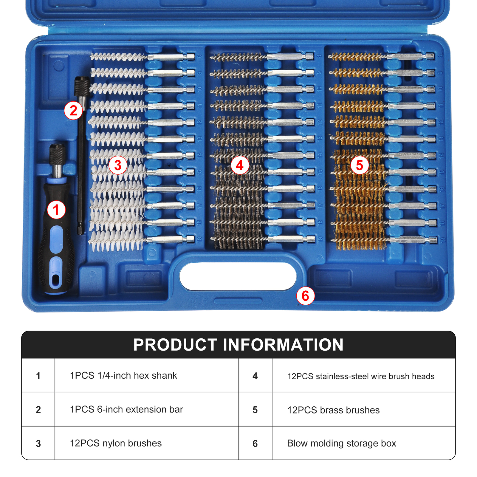 1/4″ Hex Shank Long Ext 38pc Industrial Wire Brush Set Stainless Steel Nylon
