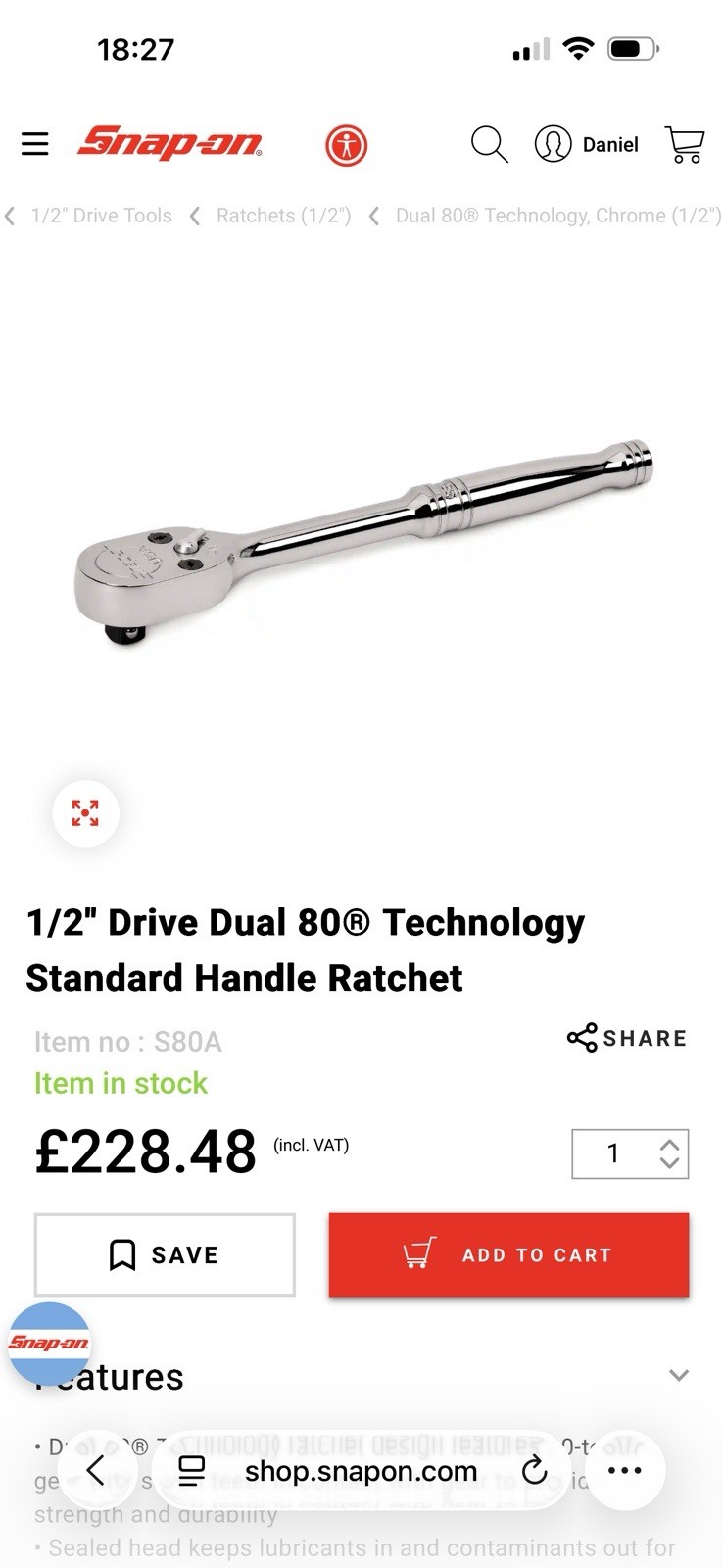 Snap On 1/2″ Drive Dual 80® Technology Standard Handle Ratchet – S80A.